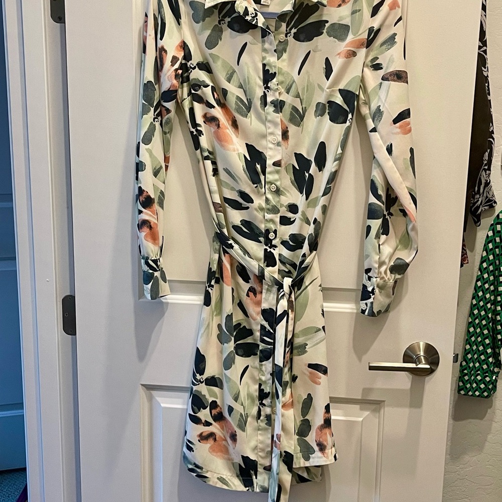 a new day Cream Floral Button-Front Long Sleeve Shirt Dress